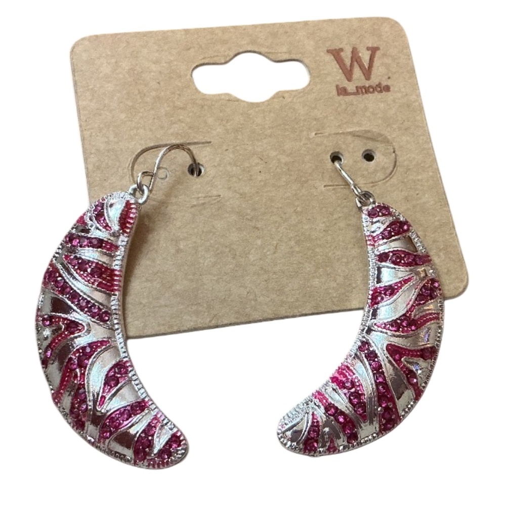 Silver Crescent Dangle Earrings, Pink Crystals, W la...mode, Moon, Zebra Stripe